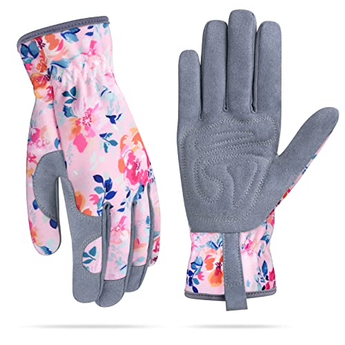Womens Gardening Weeding Working Gloves, Leather Garden Glove for Women Thorn Proof No Stab for Digging, Planting,Pruning - color: Pink-medium