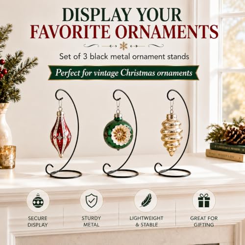 Tall Ornament Display Stands 3 Pack, Black Wrought Iron Style Hanging Stand, 13 Inch Metal Ornament Hangers for Christmas Ornaments, Glass Globes, Terrariums, Lanterns, Air Plants, Keepsakes & Holiday Decor