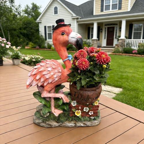 Flamingo Welcome Planter Garden Statue - with Top Hat & Blue Bowtie – Lifelike 26.8” Tall, Weather-Resistant Resin – Perfect for Outdoor Lawn, Patio, & Porch Décor – Black top hat - color: Black Top Hat