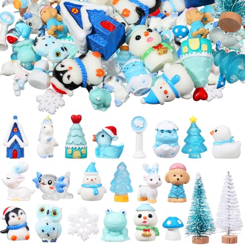Soaoo 44 Pcs Christmas Winter Mini Resin Figures Set Winter Small Snowman Figures Decor Tiny Santa Claus Tree Resin Crafts for Garden Fairy Accessories for Bonsai Terrarium Party Cake Decoration