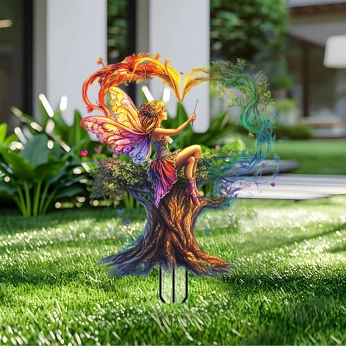 Elf Fairy Garden Stakes Decor Yard Acrylic - 2D Garden Acrylic Sign Decoration, Fantasy Yard Art, Gift for Nature Lovers, for Indoor & Outdoor Flower Pots, Yard, Mini Gardens & Lawn (5.9”x5.9”) - color: O