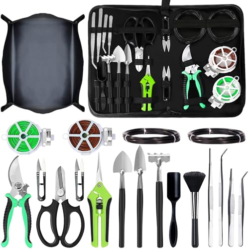 20-Piece Bonsai Tool Kit, Gardening Tools Set with Pruning Shears | Includes Bonsai Wire, Mini Rake, Trowel, Weeder, Gloves, Storage Bag, for Beginner, Starter, Indoor Bonsai Tree Care