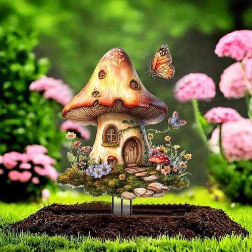 Mushrooms Garden Stakes Decor Yard Acrylic - 2D Spring Garden Acrylic Sign Decoration, Yard Art, Gift for Nature Lovers, for Indoor & Outdoor Flower Pots, Yard, Mini Gardens & Lawn (5.9”x5.9”) Y07