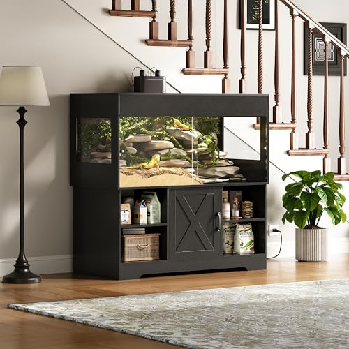 Herture 120 Gallon Reptile Tank with Stand, 4x2x2 Terrarium Enclosure | Snake Enclosure with Outlets,Cabinet,Sliding Door,Reptile Terrarium Bearded Dragon Tank for Lizards,Geckos Black PX01RTB - color: Black, size: 120 Gallon