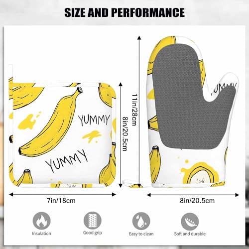 Mxocom Banana with Slices Oven Mitts and Pot Holders Sets Yummy Yellow Banana Silicone Heat Resistant Kitchen Oven Gloves Pot Holder for Cooking - color: Banana With Slices