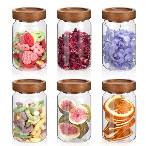 6oz Small Glass Jars with Wood Lid Spice Jar Round Food Storage Canister Clear Glass Containers Jar for Ground Seasoning Pantry Sugar Tea Coffee Bean Spice Herb Cookies(6 * 200ml(6.76oz)) - color: 6 * 200ml(6.76oz)