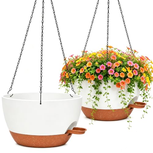 12" Self Watering Hanging Planters with Chains, White Brown, 2 Pack | 43 Oz removable self-watering reservoir, for indoor/outdoor plants, patio & garden - color: White Brown, size: 2 pack 12 inches
