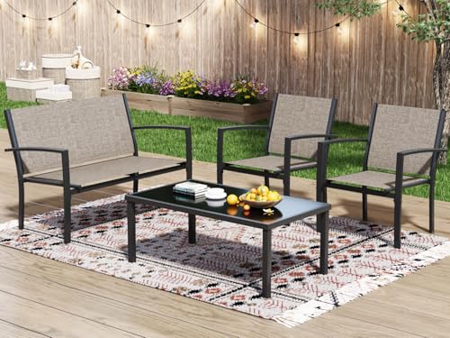 Greesum 4 Pieces Patio Furniture Set, Outdoor Conversation Sets for Patio, Lawn, Garden, Poolside with A Glass Coffee Table, Brown - color: Brown, style: 4 Pieces