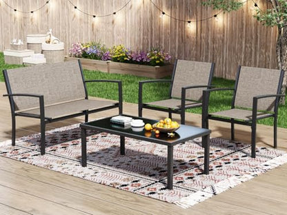 Greesum 4 Pieces Patio Furniture Set, Outdoor Conversation Sets for Patio, Lawn, Garden, Poolside with A Glass Coffee Table, Brown - color: Brown, style: 4 Pieces