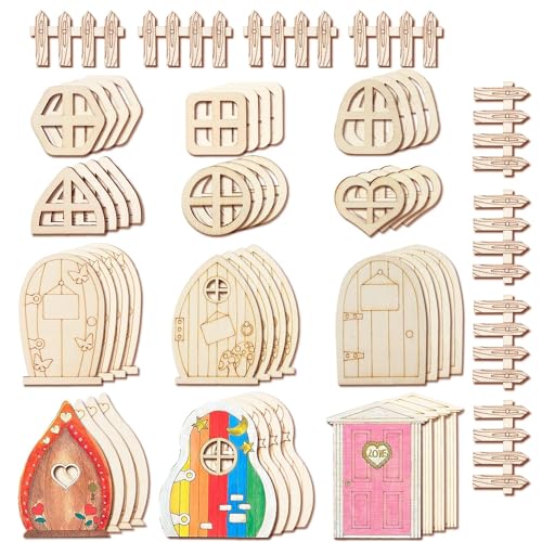 Halandar 56Pcs Wooden Fairy Door Window Unpainted Miniature Fence Craft Kit