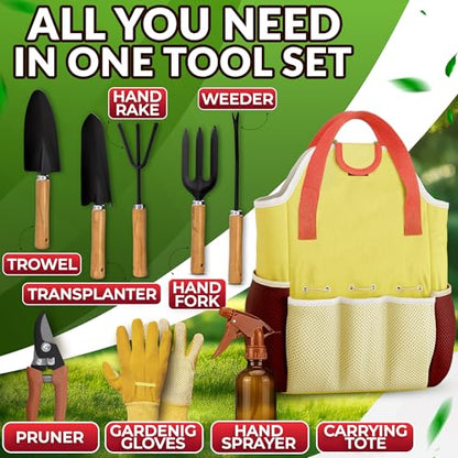 10 Pcs Gardening Tool Set for Women, Rust-Resistant Steel, Tote Bag | Garden Tools Set for Plant Care, Digging, Planting & Potting; Ergonomic Handles, Gloves & Spray Bottle; Gift for Plant Lovers - color: Yellow Set of 10