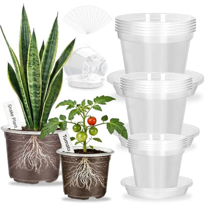 6/8/10 Inch Clear Nursery Pots with Saucers and 15 Pack Plant Labels,Transparent Plastic Plant Pots with Drainage Holes,Sturdy Seed Starter Pots for Succulents,Herbs,Flowers,Indoor Outdoor Plants - size: 6+8+10 Inch