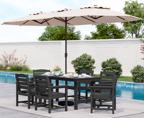 SERWALL HDPE Dining Set with Umbrella, Outdoor Dining Set for 6, Black - color: Black, size: 8-Piece (1 Table + 6 Chairs + 1 Umbrella)