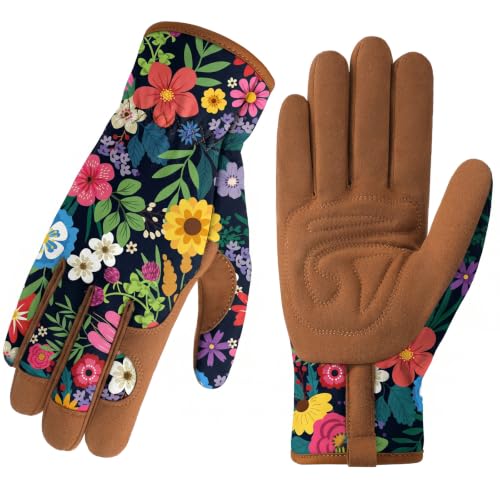 Gardening Gloves for Women, Breathable Leather Garden Gloves,Gardening Gift | Gardening Gift for Lady, Thorn-Proof Puncture-Resistant Work Gloves for Weeding, Digging, Planting Yard Farm and Outdoor Work - color: Black - Brown Flowers