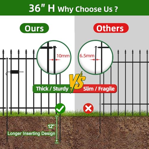 Decorative Metal Garden Fence with Gate 36" x 10', Dog Fence Outdoor | 1 Gate + 4 panels, Wrought Iron Fencing with Stakes for Yard & Backyard, No-Dig Fence with Roman Column Decor, Black - size: 36″H x 10ft (1Gate+4Panels)