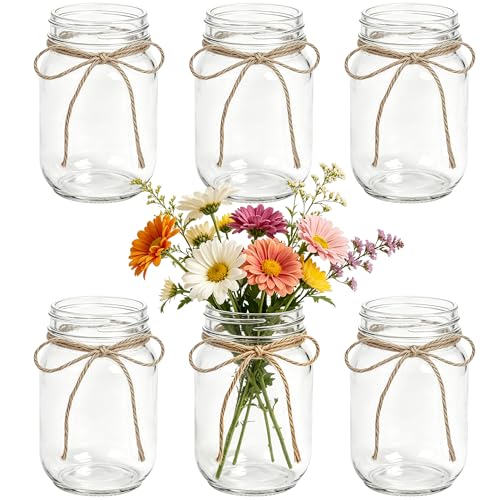 6Pcs Clear Mason Jar Glass Flower Vases for Centerpieces | Farmhouse Rustic Decorative Vases with Twine, Wedding & Home Table Decor, Multi-Purpose Vase Bulk, Floral Arrangements - color: Clear