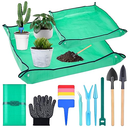 2Pcs Repotting Mat - Large 39'' & Small 26'' Foldable Waterproof Plant Gardening Mat with Accessories, Portable Potting Tray for House Plants & Succulents - color: 2Pcs Repotting Mats Green1