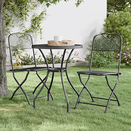 3-Piece Foldable Outdoor Patio Dining Set 23.6" Round Anthracite Metal Table & 2 Compact Chairs for Small Balcony Garden Terrace - color: Anthracite, size: 23.6 x 23.6 x 28.3 in (W x L x H)