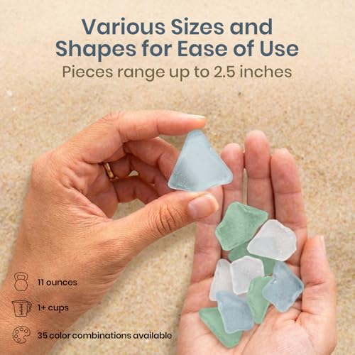 Sea Glass for Crafts – 11oz Light Blue, Olive & White Sea Glass Decor, Tumbled Seaglass, Seaglass for Crafts, Beachglass Decor, Nautical Vase Fillers, Coastal Art Supplies - size: 11 Ounces