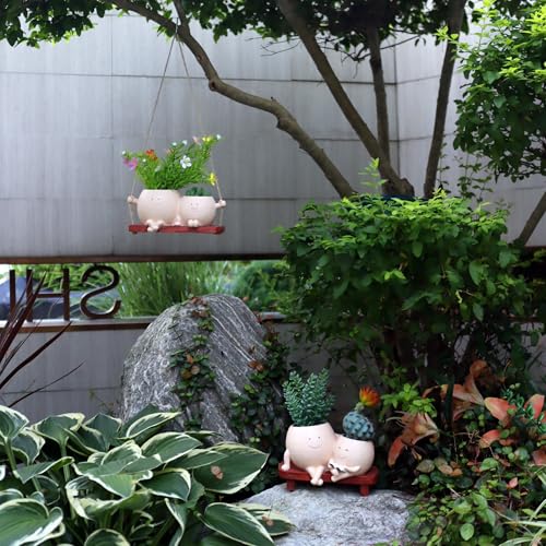 Dolkgy Hanging Planter Swinging Face Planters, Unique Head Flower Pots for Indoor Outdoor Plants, Cute Face Vase Funny Fence Wall Planter Succulent Pots - color: Khaki