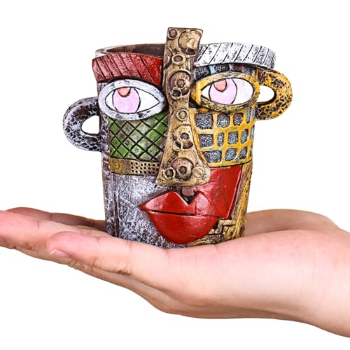 Mini Face Planters Pots Head, Abstract Colorful Graffiti Cute Mini Pots for Plants with Drainage, Ideal for Indoor Outdoor Unique Planters for Plants (Old Color) - color: Old Color