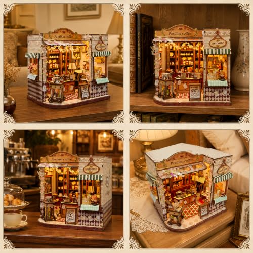 Book Nook DIY Miniature House Kit, 3D Wooden Puzzle Coffee House Dollhouse with Light & Tools, Creative Bookshelf Insert Craft Gifts for Adults Teens (Pavilion Coffee House) - color: Pavilion Coffee House
