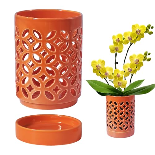 Orchid Pot 4 Inch, Breathable Slotted Orchid Pot with Holes & Saucers, Orange - color: Orange Coin