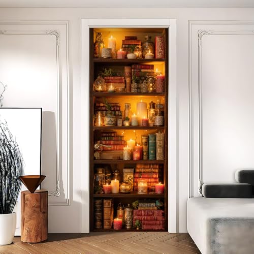 Candlelit Bookshelf Door Sticker, Library Door Cover, 30.3x78.7in - color: Colorful2202