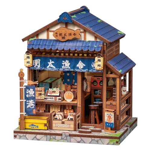 DIY Miniature Dollhouse Kit for Beginners, Fish Shop 3D Wooden Puzzle, 129 PCS, Palm Size Mini House Model Building Kit, Japan Booknook Diorama Kit, Bookshelf Home Decor, Adult Crafts Gift - color: Spicy Cod Roe Hut