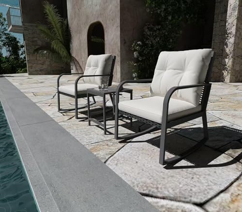 Bistro 3 Piece Patio Furniture Set, Patio Table and Rattan Outdoor Rocking Chairs Set of 2, Outdoor Bistro Conversation Set for, Garden, Balcony, Poolside, Backyard, Beige - color: Beige