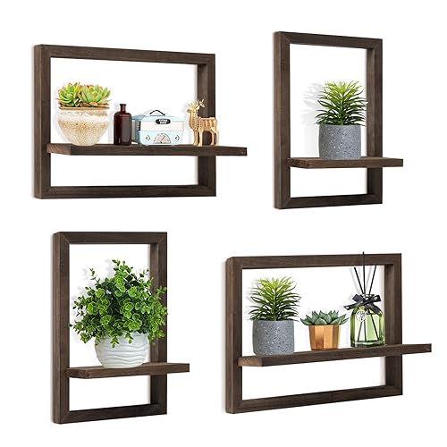 Floating Shelves for Wall Set of 4 Decorative Hanging Shelf | Square Wood Floating Shelf for Plant, Square Shelves Wall Mounted Bathroom, Bedroom, Living Room, Decor, 15 Inch Dark Brown - color: Dark Brown