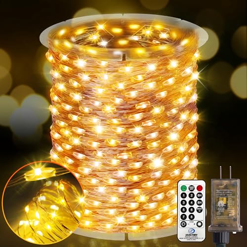 KNONEW 400FT 1200LED Outdoor Fairy Lights Plug in Warm White Xmas Decor | Timer, Memory, Dimmable, Remote, Waterproof, Copper Wire, Flexible, for Garden, Wedding, Party, Indoor/Outdoor, Christmas - color: Warm White, size: 400FT 1200 LED Copper-colored wi