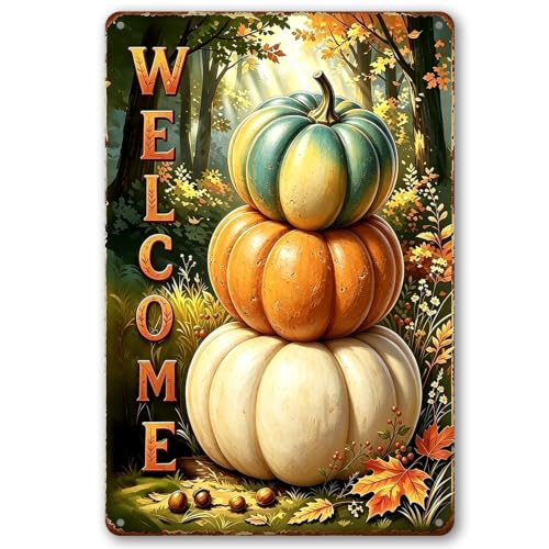 Welcome Fall Metal Signs, Vintage Pumpkin Wall Decor 8x12 Inch | Waterproof Autumn Wall Art for Home Farm Yard Patio Garden, Thanksgiving Friendsgiving Decorations Gifts - color: Welcome