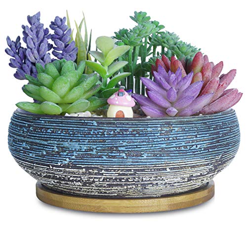 ARTKETTY Succulent Pots, 7.5 Inch Large Plant Pots with Bamboo Tray - color: Blue/White