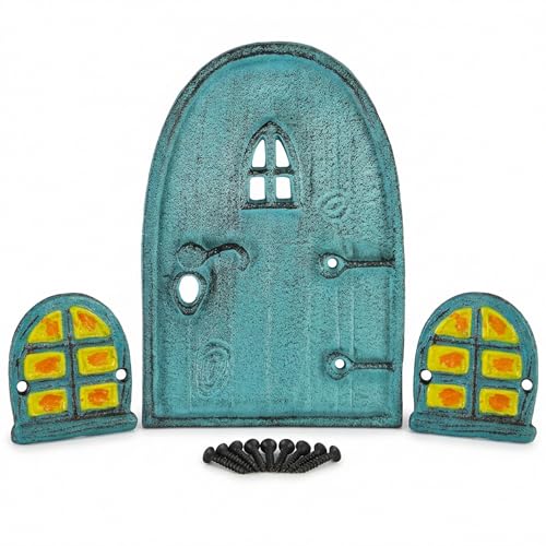Lulu Decor, Cast Iron Blue Miniature Fairy Door 8" with 2 Windows, Garden Decor for Tree Trunk, Fully Weatherproof and Perfect for Outdoor Decoration (Round Top) - color: Blue, size: 8"