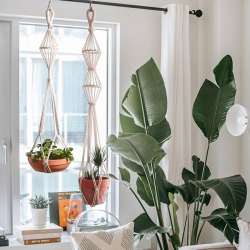 Hourglass Floating Macrame Plant Hangers 2 Pack Handmade Cotton Rope Hanging Planters Basket with S Hooks, Diamond Openwork Boho Home Decor for Indoor Outdoor, Plants Holder 35" & 39” (White) - color: White