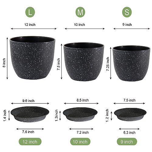 UOUZ 12/10/9 Large Modern Plant Pots, Plastic Planters with Drainage Holes and Saucers for Indoor Outdoor Plants Flowers, Black Speckles - color: Black Speckles