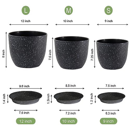 UOUZ 12/10/9 Large Modern Plant Pots, Plastic Planters with Drainage Holes and Saucers for Indoor Outdoor Plants Flowers, Black Speckles - color: Black Speckles