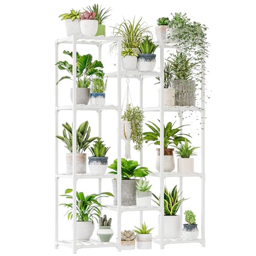 Bamworld White Plant Stand Indoor/Outdoor Ladder Plant Rack, 3 Tiers for 7 Pots, Living Room Boho Decor - color: White-10 Pots, style: Cabinet