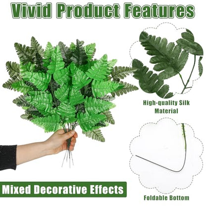 48 Pcs Spring Artificial Silk Leather Leaf Fern Stems 4 Styles Wedding Greenery Faux Leaves Pick 15.8 Inch 14.6 Inch Cemetery Leaf Plant Bouquet for Wedding Decor Garden Room Porch Decor