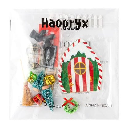 Haooryx Christmas Elf Garden Miniatures - 16Pcs Christmas Wooden Miniature Magic Fairy Doors Decoration Kit Elf Magic Door Wall Fairies Xmas Winter Xmas New Year Decor(Dripping Snow Doorframe)