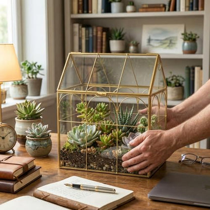 Fochier Geometric Glass Terrarium Planter, Handmade House-Shaped with Front Opening Door, Small Succulent & Cactus Display Box with Lid, Indoor Tabletop Micro Landscape Decor, No Plants, Gold