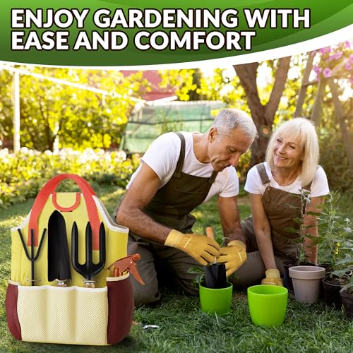 10 Pcs Gardening Tool Set for Women, Rust-Resistant Steel, Tote Bag | Garden Tools Set for Plant Care, Digging, Planting & Potting; Ergonomic Handles, Gloves & Spray Bottle; Gift for Plant Lovers - color: Yellow Set of 10