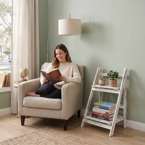 MyGift 2 Tier Whitewashed Wood Plant Stand, Foldable Display Shelf
