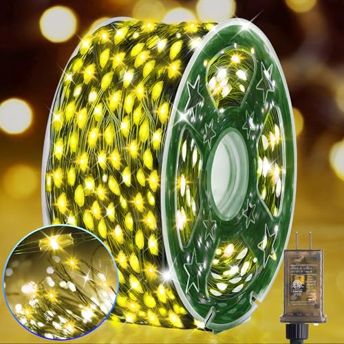 KNONEW 400FT 1200LED Green Wire Outdoor Fairy Lights Plug in Warm White | Timer,Memory,Dimmable,Remote,Waterproof,Green Wire,Invisible in Greenery,for Garden,Wedding,Party, Indoor/Outdoor, Christmas - color: Warm White, size: 400FT 1200 LED Green Wire