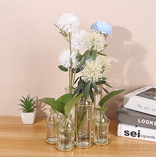 Flower Vases with 6 Bottle Crystal Clear Glass Flower Vase with Metal Stand Propagation Station Plant Display Holder Set for Home or Wedding Décor
