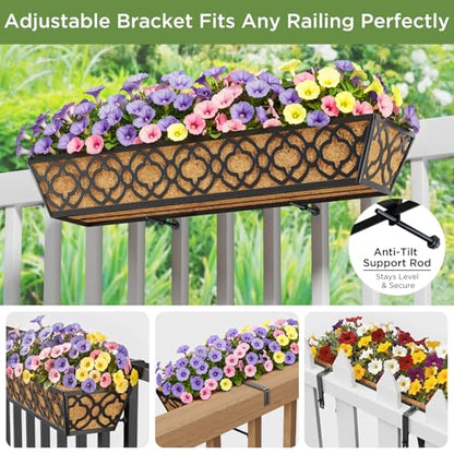 Y&M 4-Pack 30 Inch Railing Planter Boxes 24 Inch 2 Pack, Hanging Balcony Planter, Adjustable Deck Railing Planter Box, Metal Window Boxes Outdoor for Fence, Porch Flower Pots Holder - color: 30inchflo4pcs