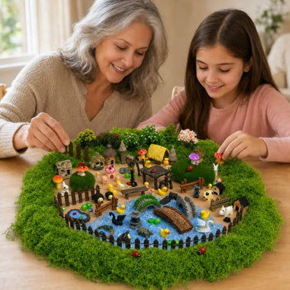 90Pcs Fairy Garden Kit Complete Miniature Figurines Accessories Set with Faux Moss Moss Houses Mushrooms Animals Trees Windmill Fences Pond Decor for Indoor Outdoor Lawn Plant Pots