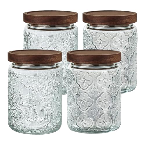 Vintage Glass Jar with Lid Airtight Candy Coffee Canister Food Storage Set - color: (24oz)Sunflower*2+Begonia*2