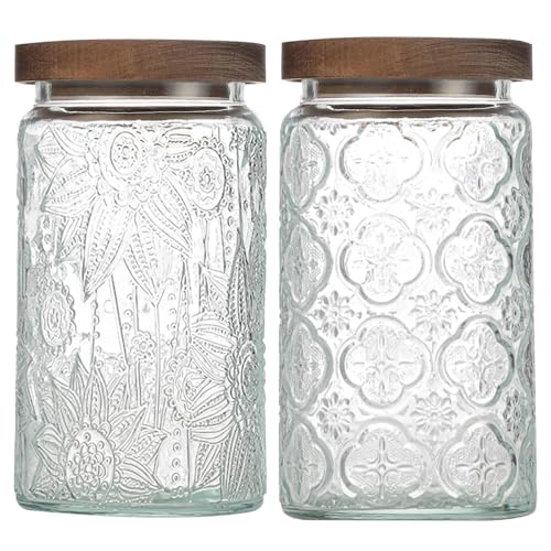 Vintage Glass Jar with Lid Airtight Candy Coffee Canister Food Storage Set - color: (34oz)Sunflower+Begonia